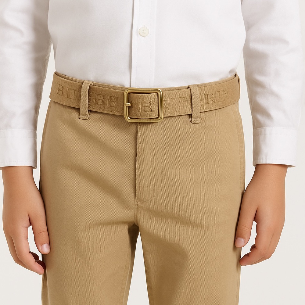 Burberry Tan Logo Webbing Kids Belt with Gold Buckle